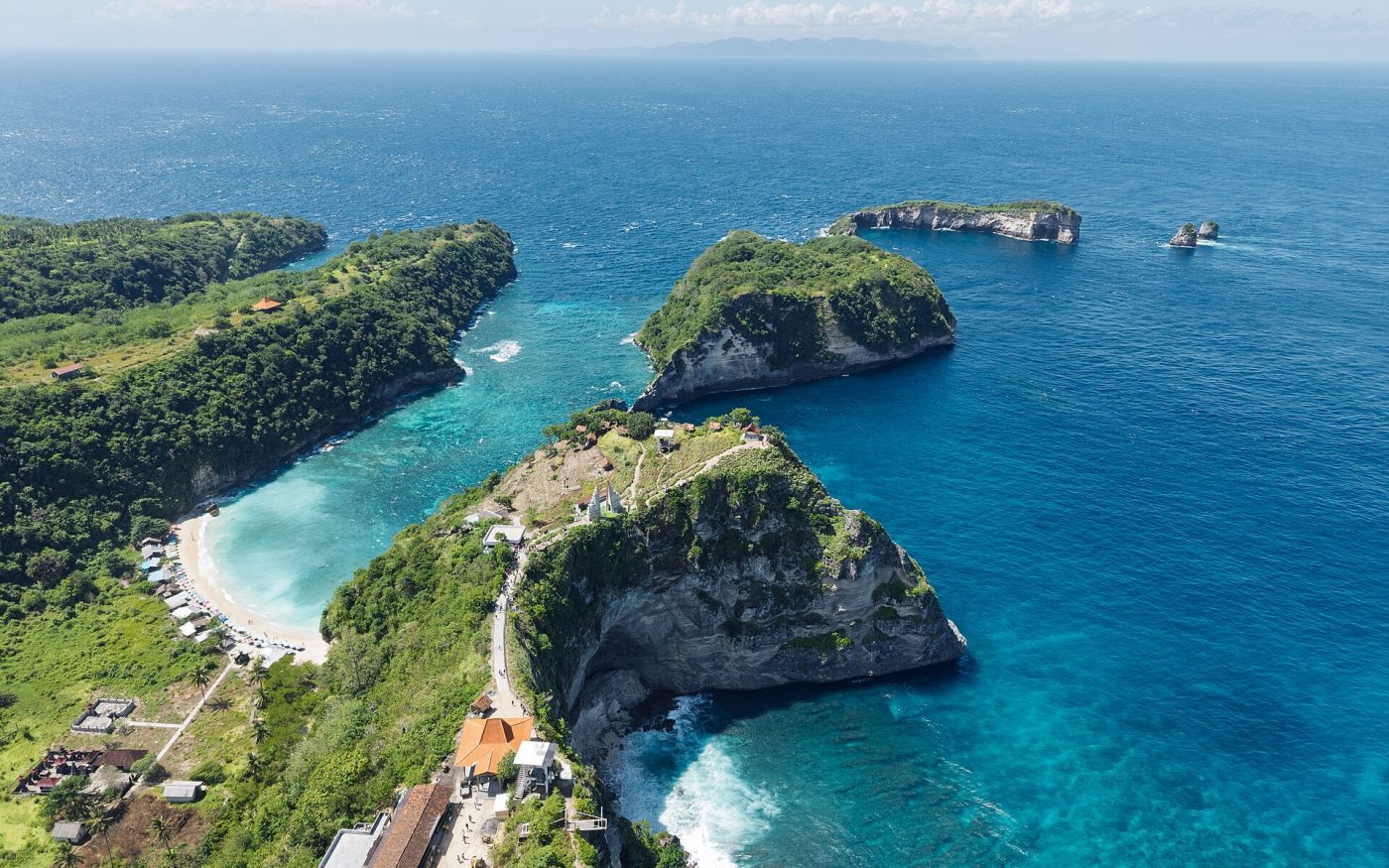 Aerial view of Diamond Beach and the rocky islets off the east coast of Nusa Penida
