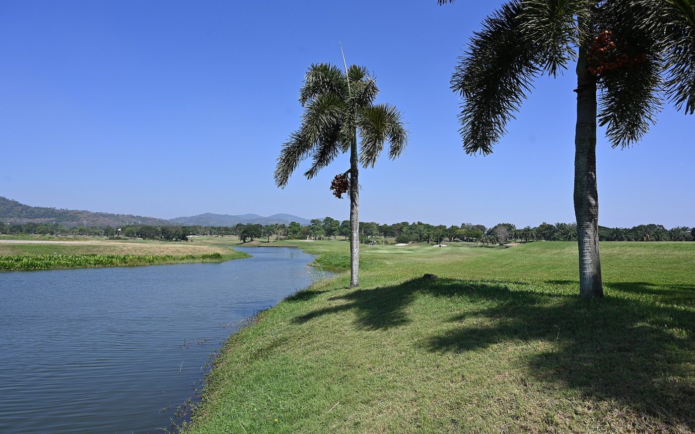 Sunny golf fairway beside a calm waterway with tall palm trees and distant hills
