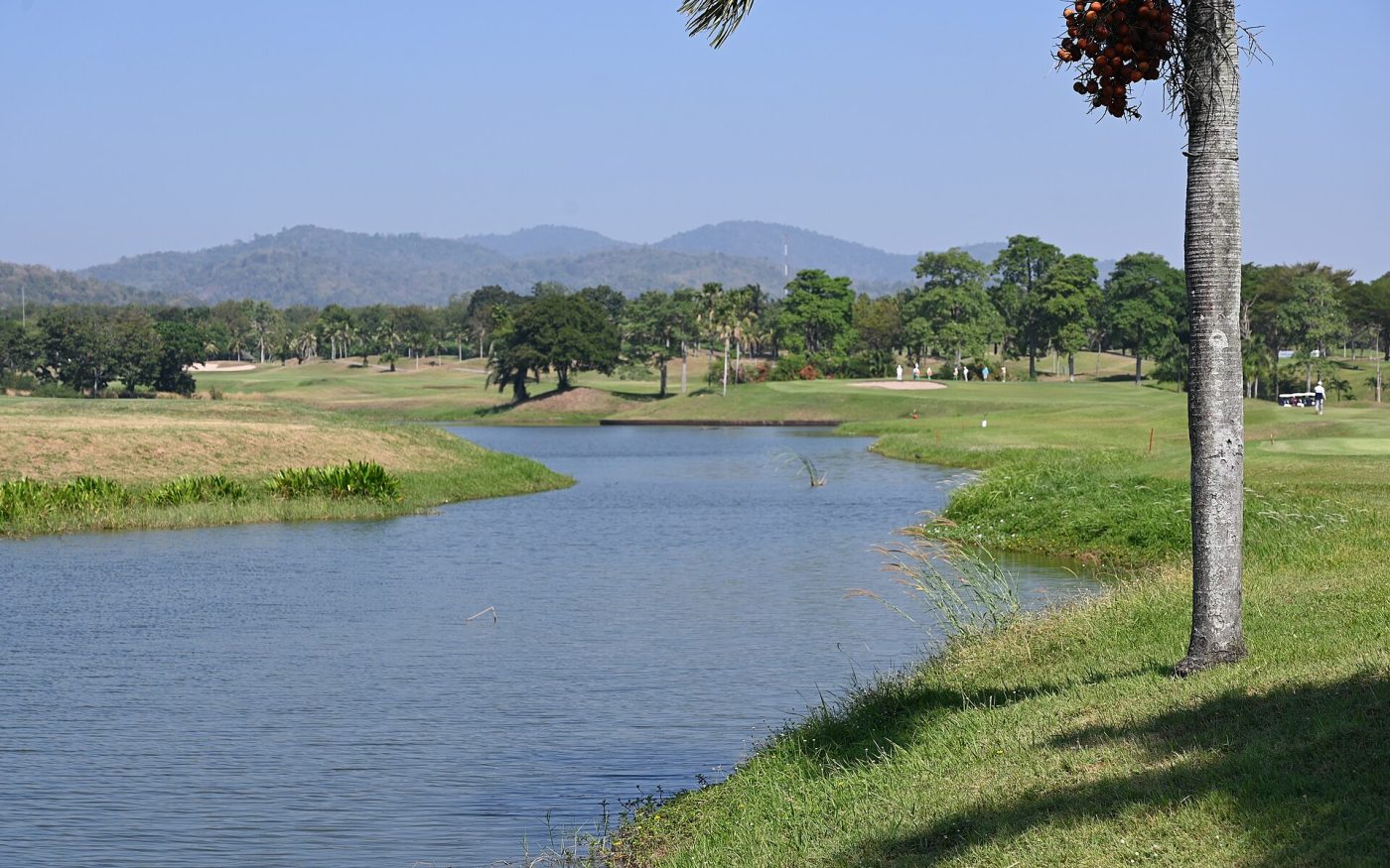 Green golf fairway winding along a calm water hazard with palms and hills in the distance