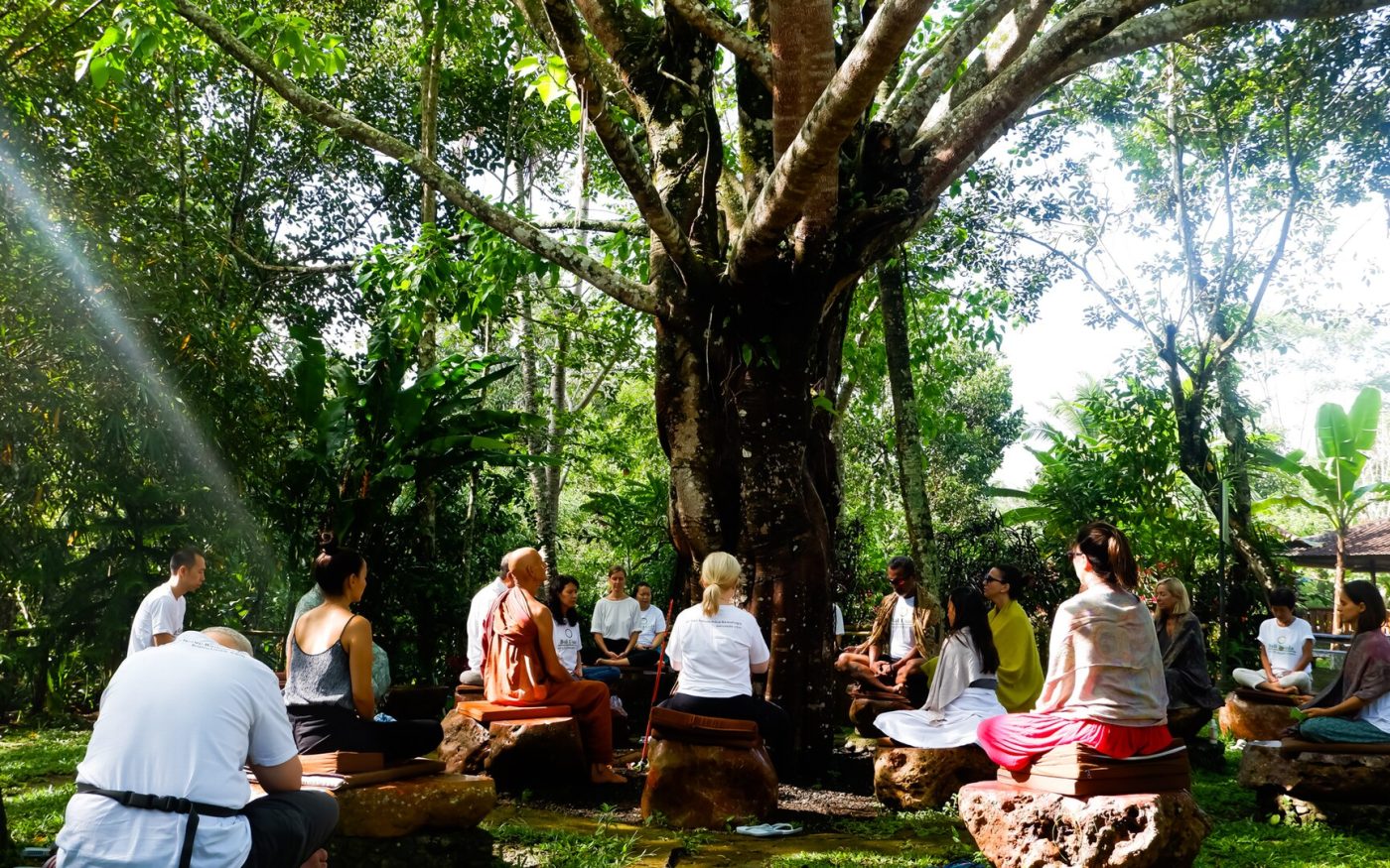 Small group meditating in the shade of a large tree in a garden in Tabanan, Bali