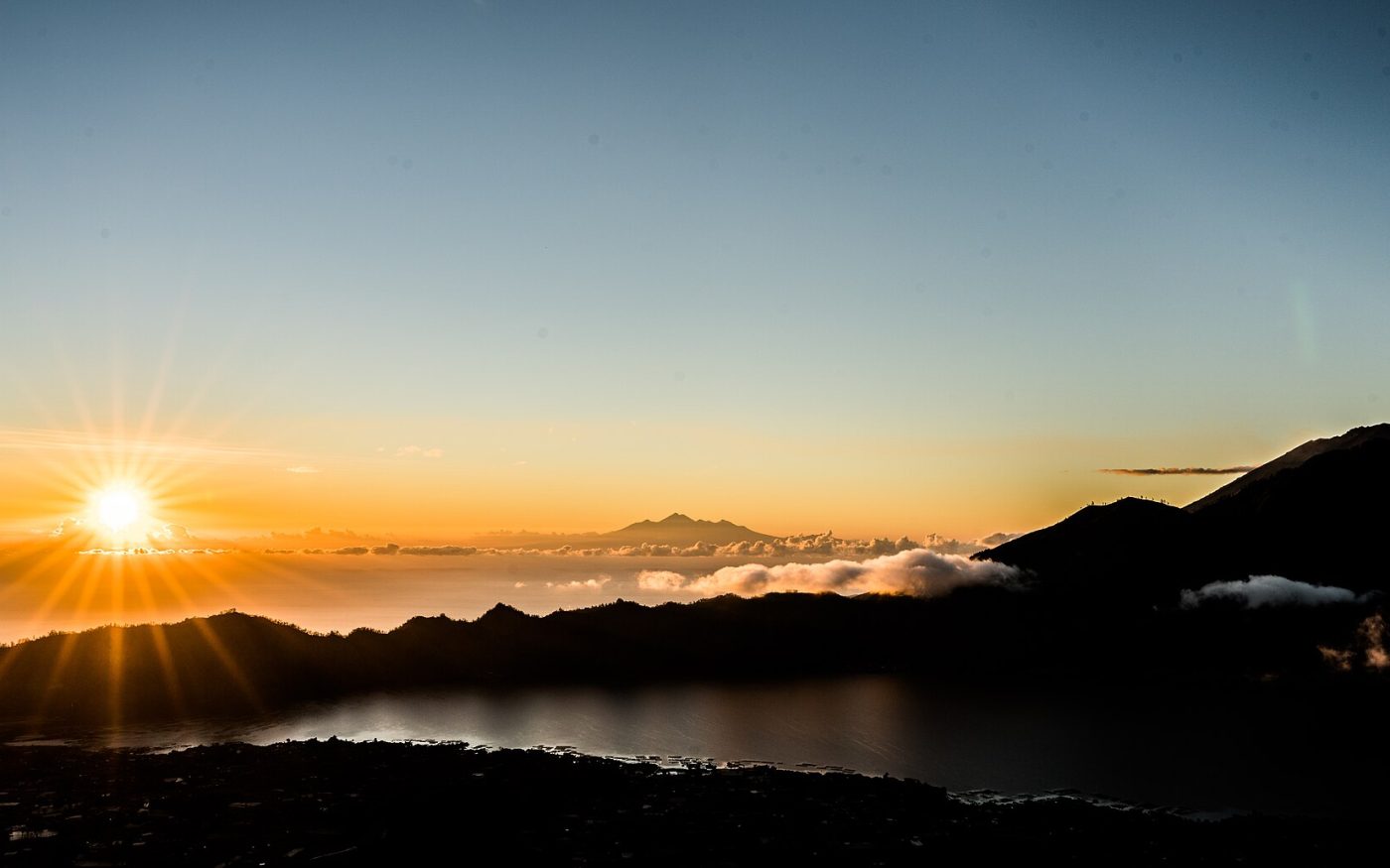Sunrise over the caldera seen from the summit of Mount Batur, Bali